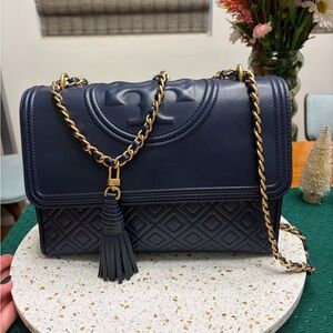 Tory Burch Navy Blue Flemming Quilted Shoulder Bag